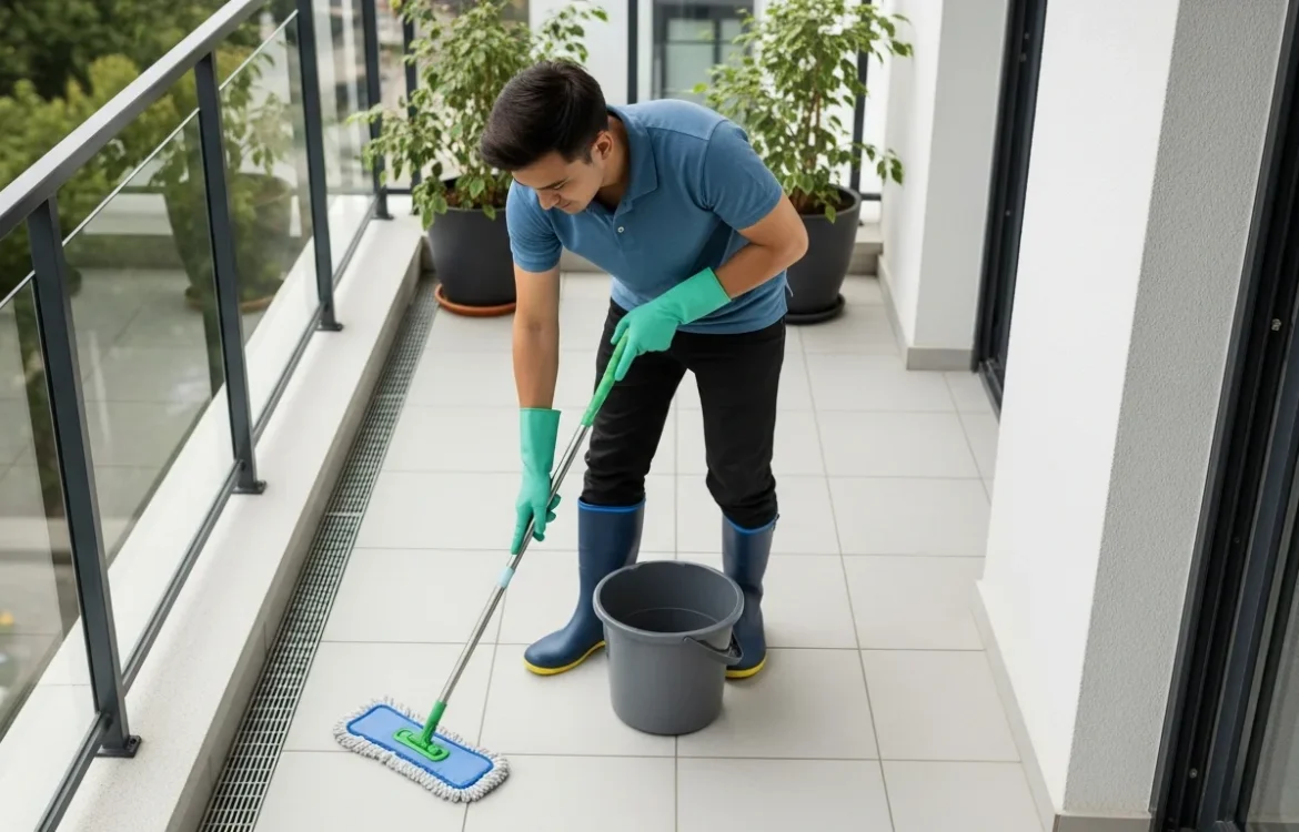 A man using a damp mop to show how to clean an apartment balcony floor properly without dripping on neighbors.
