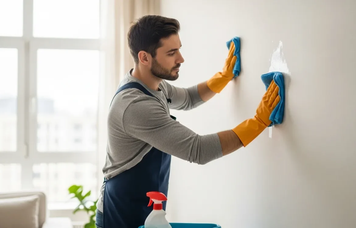 A man demonstrating how to clean apartment walls using a soft microfiber cloth and a bucket of soapy water.