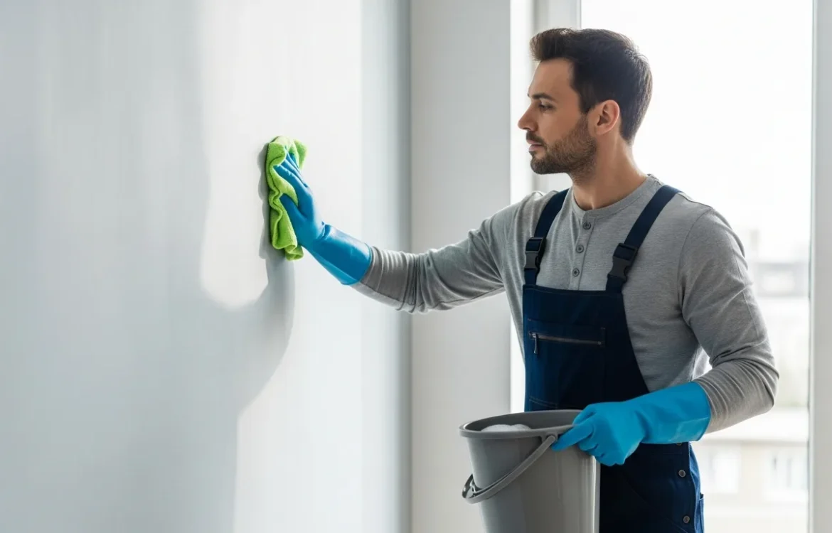 Man gently scrubbing a living room wall to show how to clean walls in apartment without damaging paint.