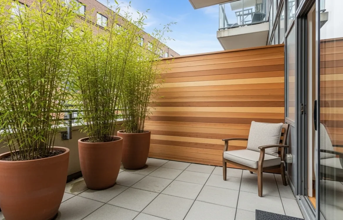 Tips on how to create privacy on a ground floor apartment patio with decorative screens and lush green plants.