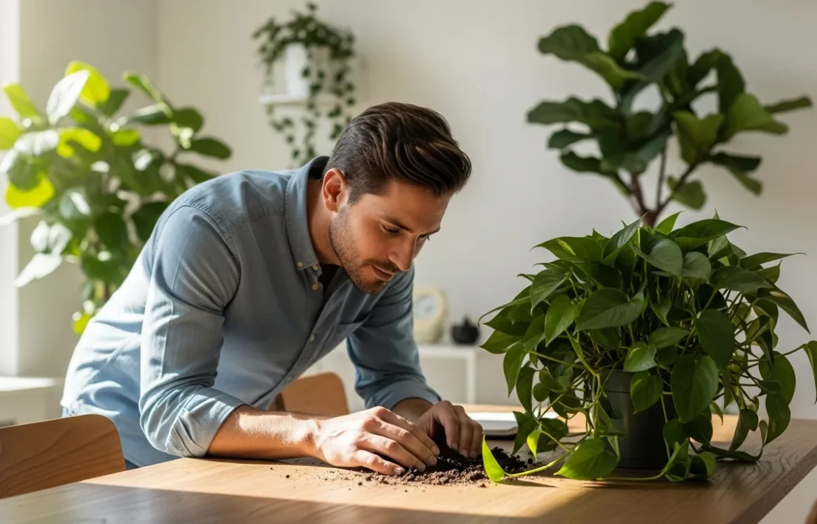 A man learning how to deal with gnats in apartment plants by inspecting a potted Monstera leaf in a bright room.