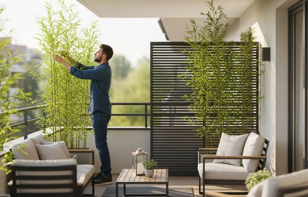 A man installing a stylish wooden partition, showing how to deal with nosy neighbors on a shared patio.