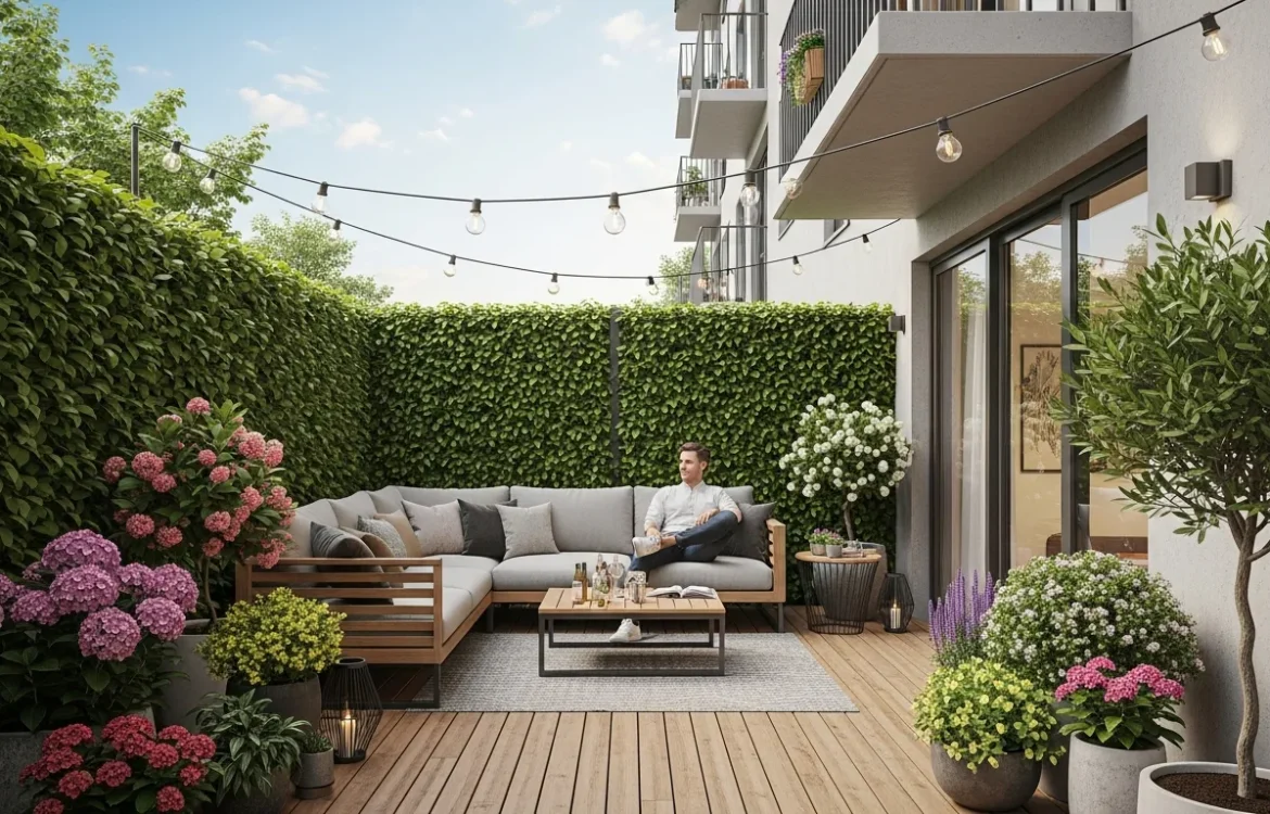 A cozy guide on how to decorate a garden style apartment patio with lush greenery and comfortable seating for privacy.