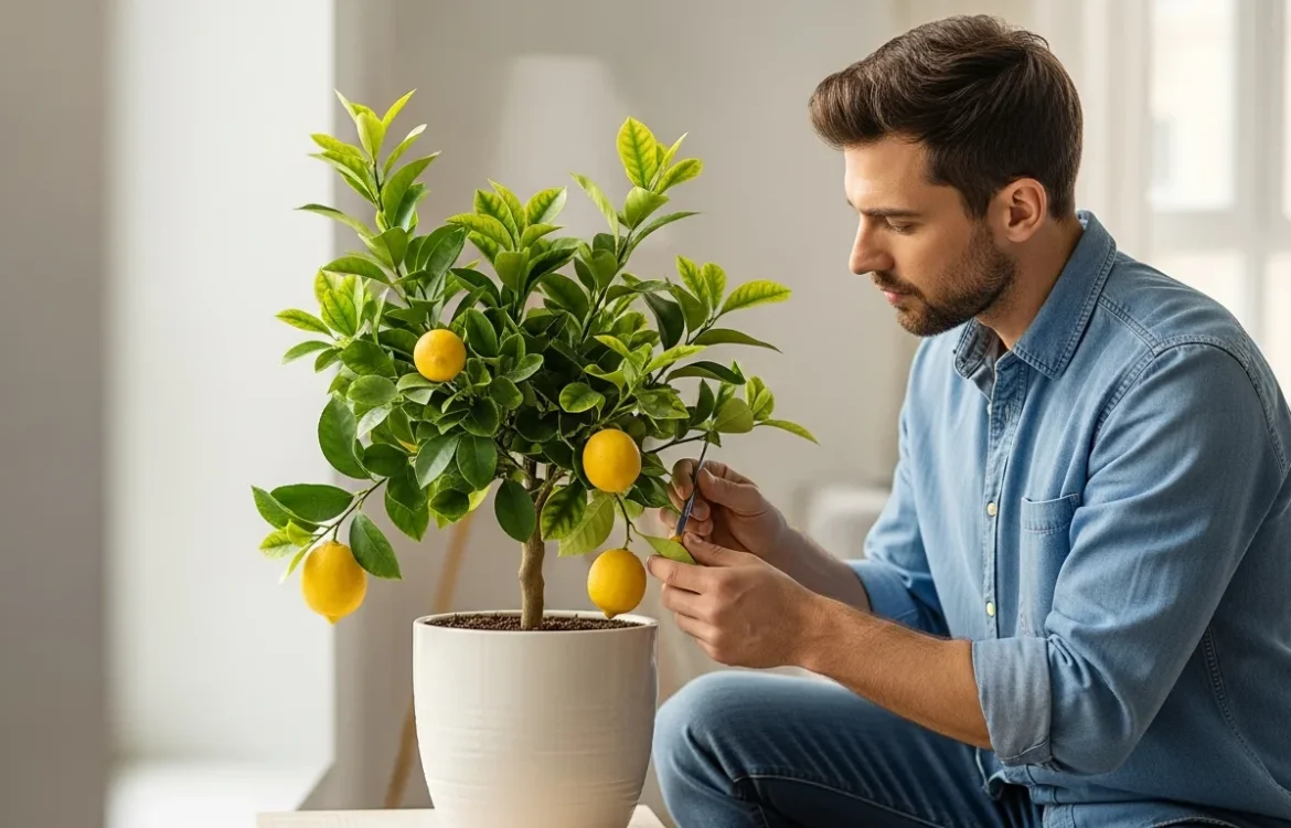 A man learning how to grow a lemon tree in an apartment by placing a potted citrus plant near a sunny window.