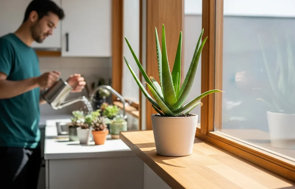 Tips on how to grow aloe vera in a small apartment featuring a healthy potted succulent on a sunny window ledge.
