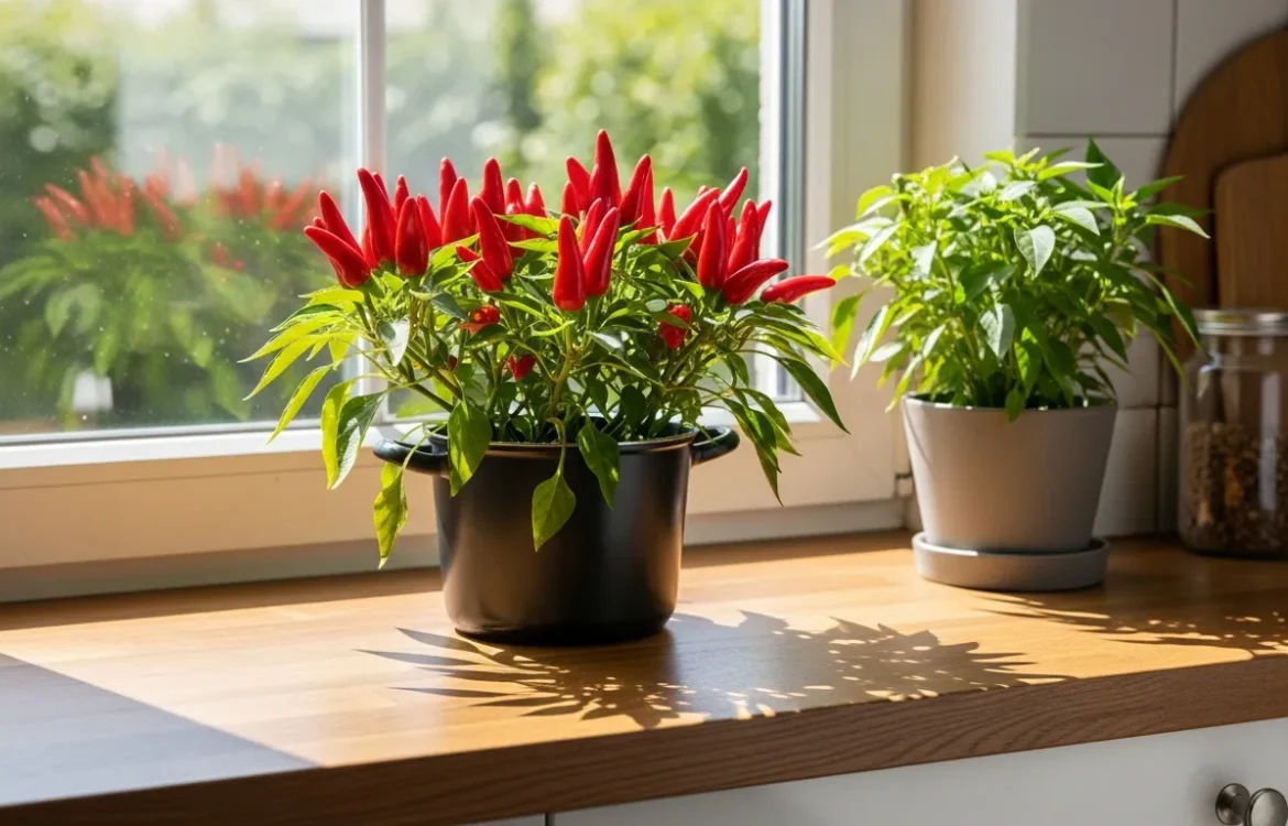 A guide on how to grow chili peppers on a windowsill featuring vibrant red peppers in a sunlit kitchen pot.