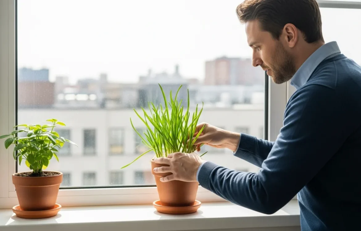 A man planting cloves in a sunny window pot, demonstrating how to grow garlic in an apartment.