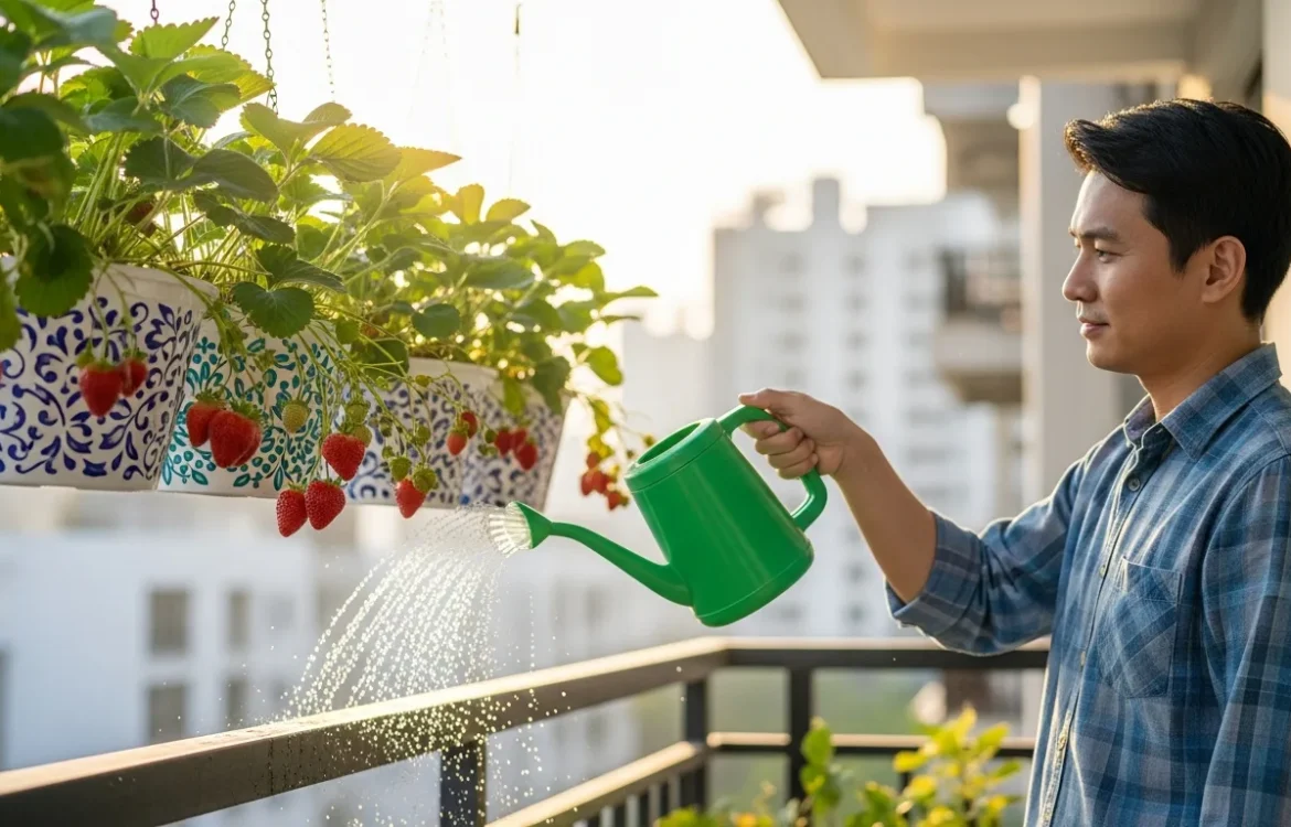 A guide on how to grow strawberries in hanging pots on a balcony featuring lush green plants and ripe fruit.