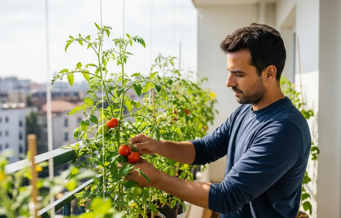 A guide on how to grow tomatoes on an apartment balcony featuring ripe red fruit in a container.