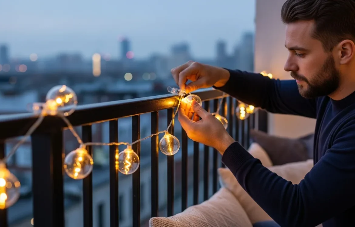 A man demonstrating how to hang string lights on an apartment balcony without drilling using damage-free hooks.