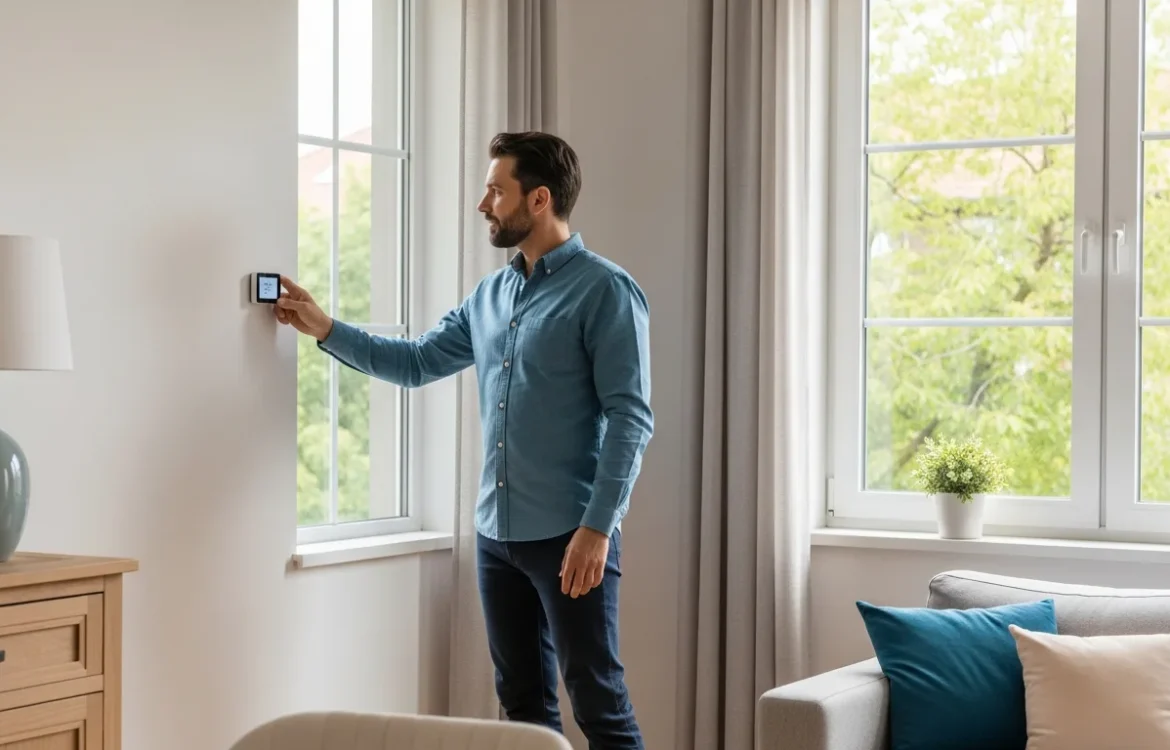 A man adjusting a smart thermostat to show how to lower electric bill in a garden style apartment.