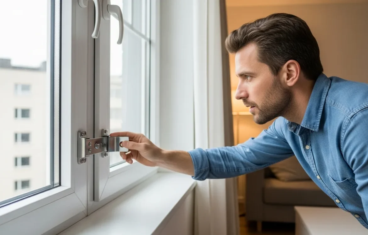 Modern window locks installed to demonstrate how to maximize security on a ground floor apartment window.