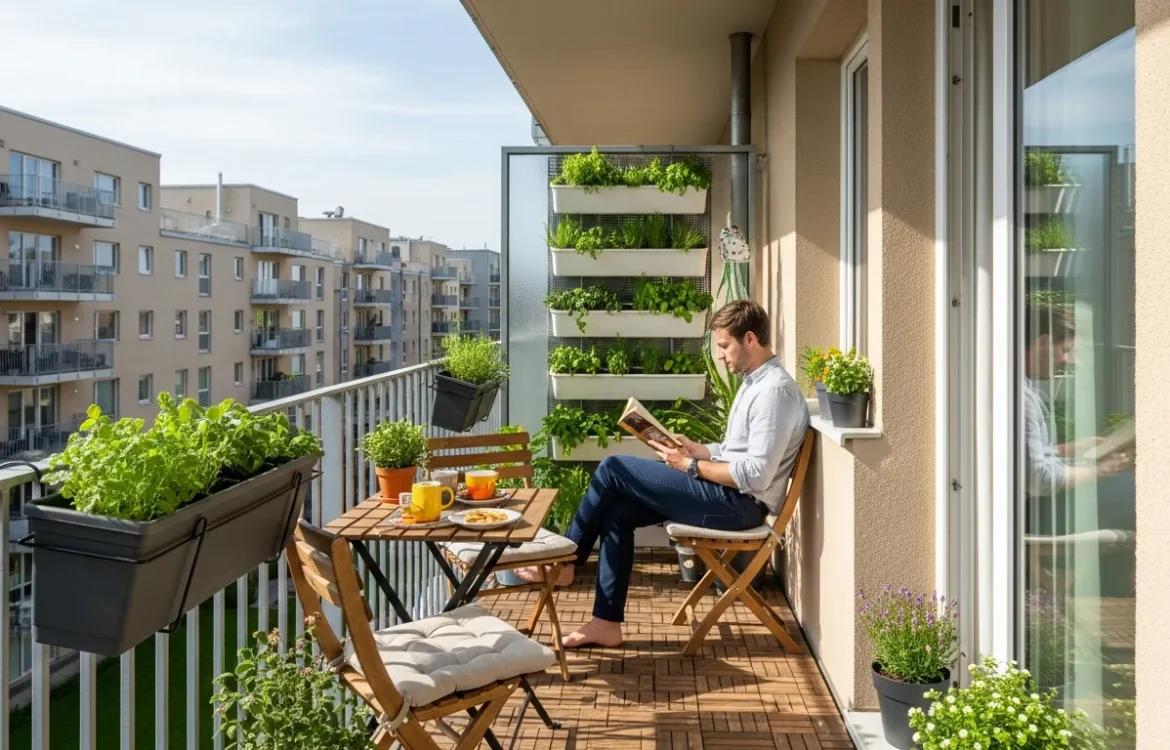 Clever tips on how to maximize space on a tiny apartment balcony using vertical planters and folding furniture.