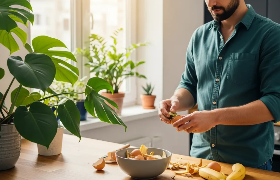 A man learning how to reuse kitchen scraps for apartment plants by adding organic waste to a potted indoor plant.