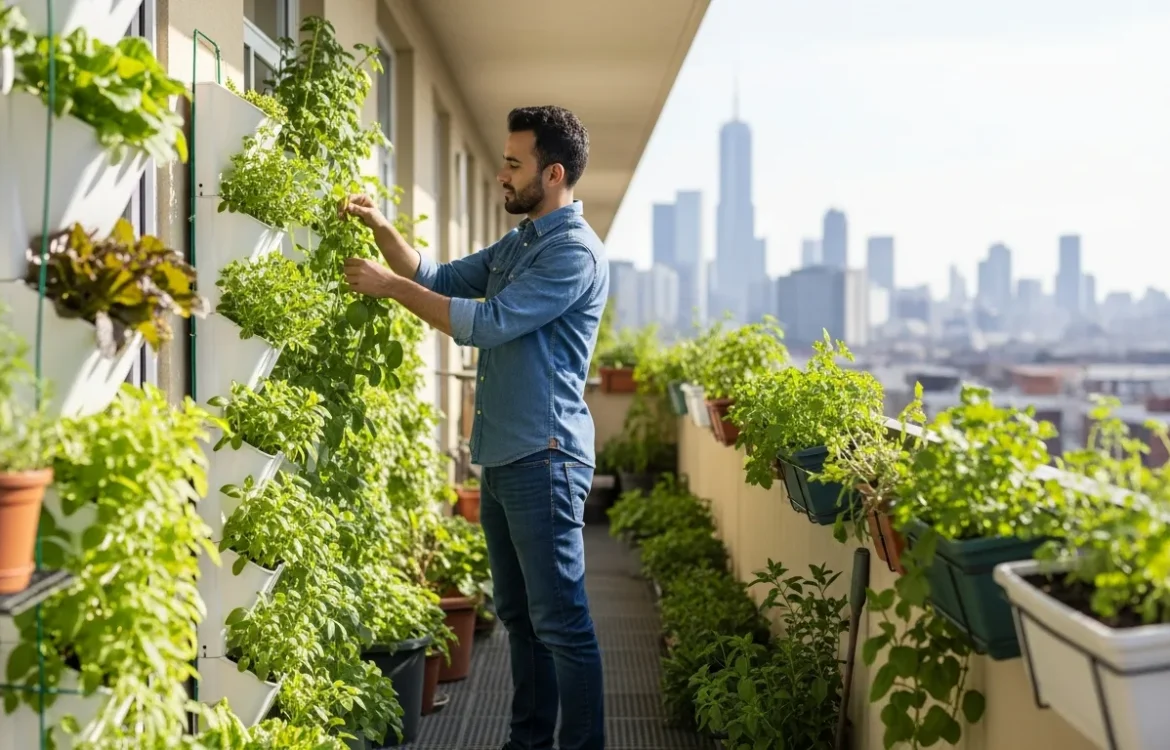 A man learning how to start a patio garden in an apartment using vertical planters and terra cotta pots.