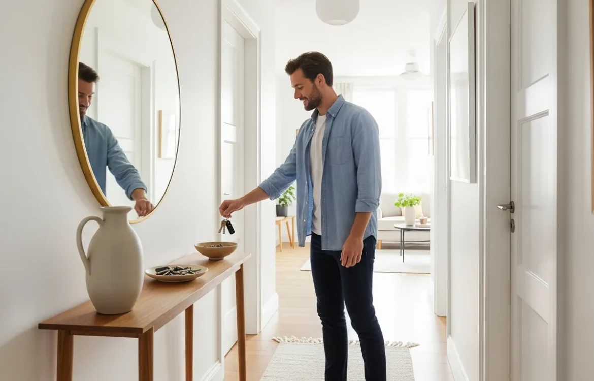 Modern decor ideas for how to style a small apartment entryway using minimalist furniture and a round mirror.