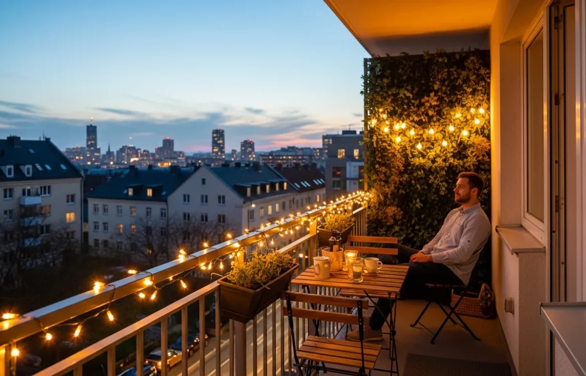 A guide on how to use fairy lights in a small apartment patio to create a cozy and warm evening atmosphere.
