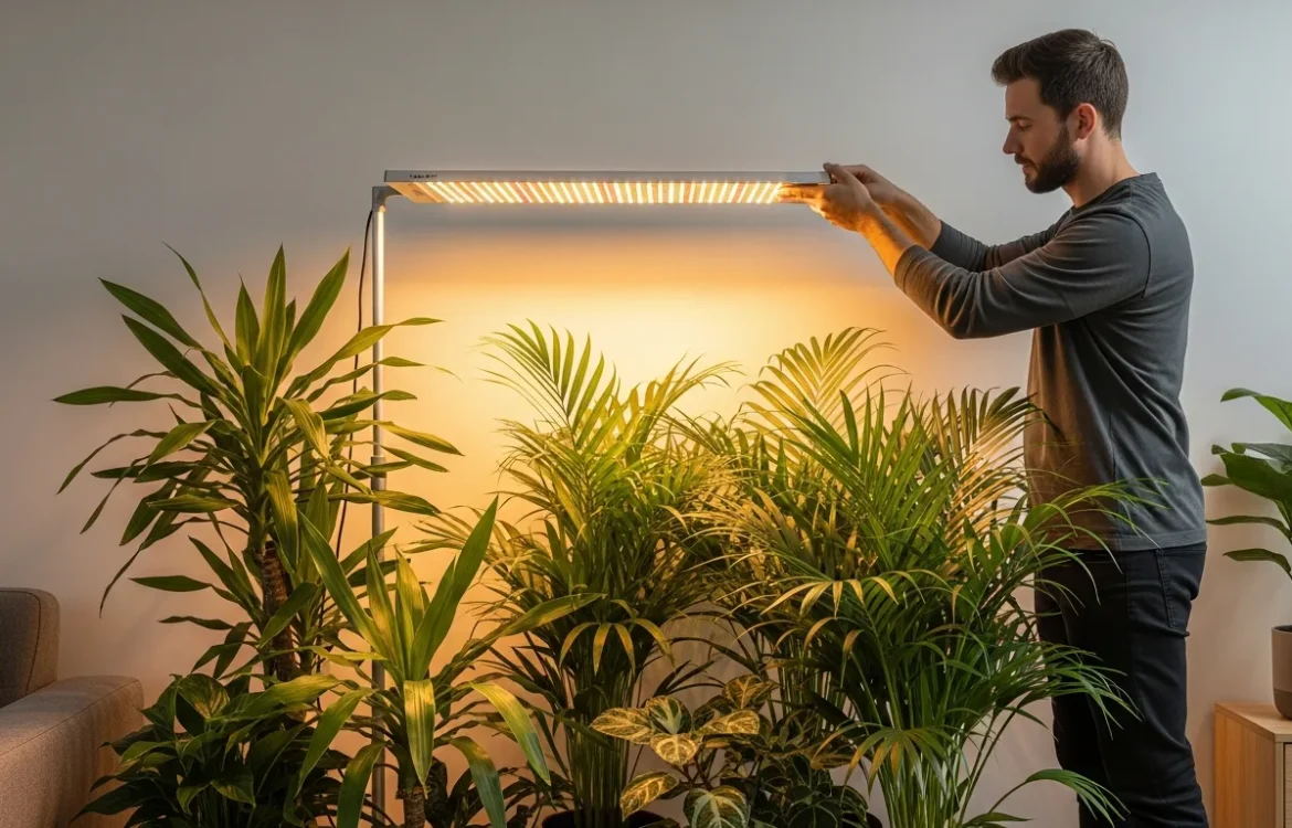 A guide on how to use grow lights for indoor apartment plants effectively on a stylish wooden shelving unit.
