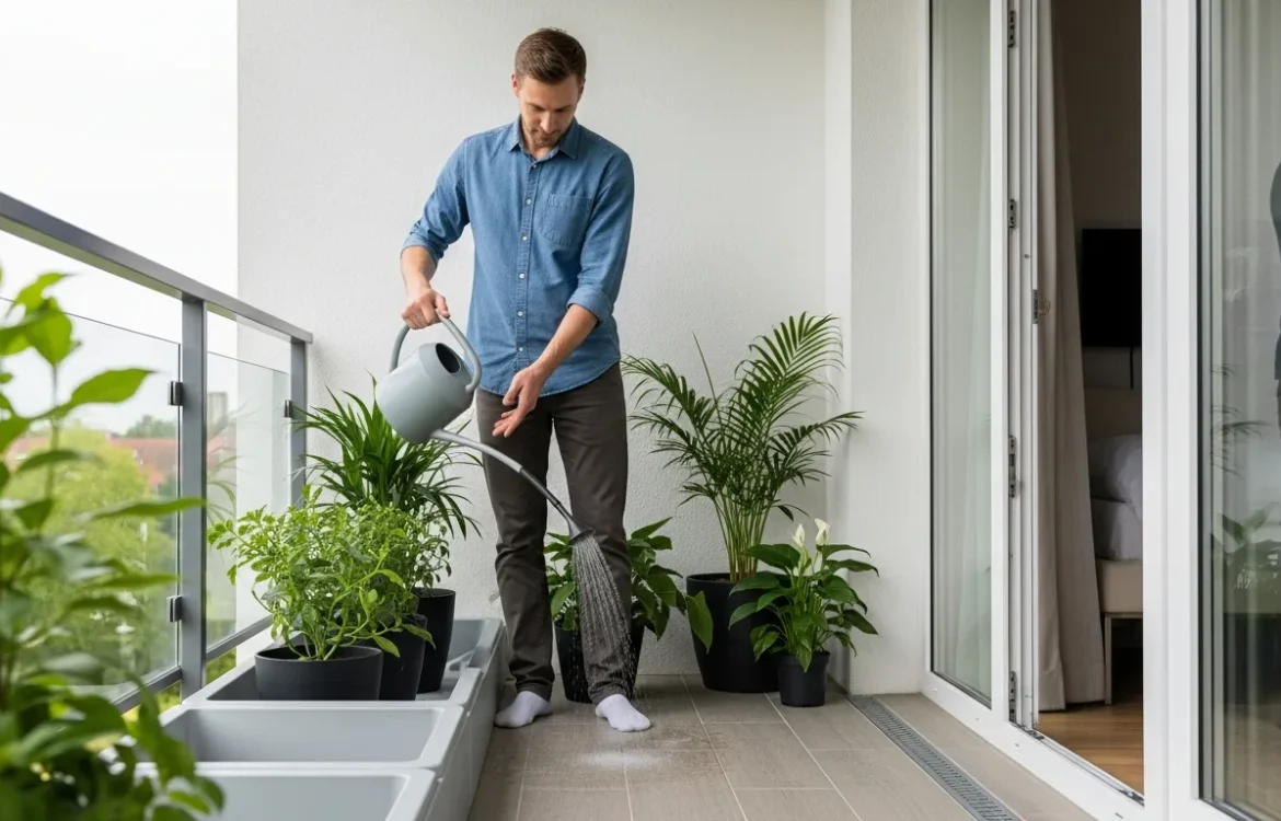 A man demonstrating how to water apartment balcony plants without making a mess using a precision watering can.