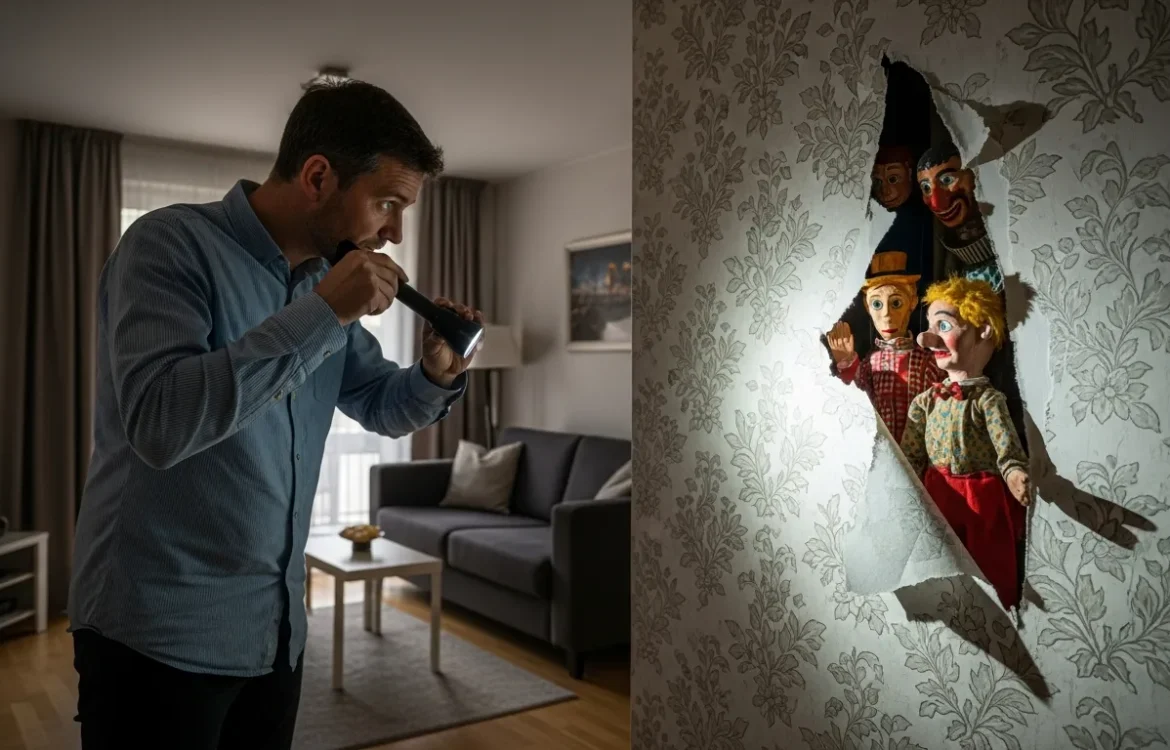 A man peering into a hole where i found puppets in my apartment walls during a home inspection.
