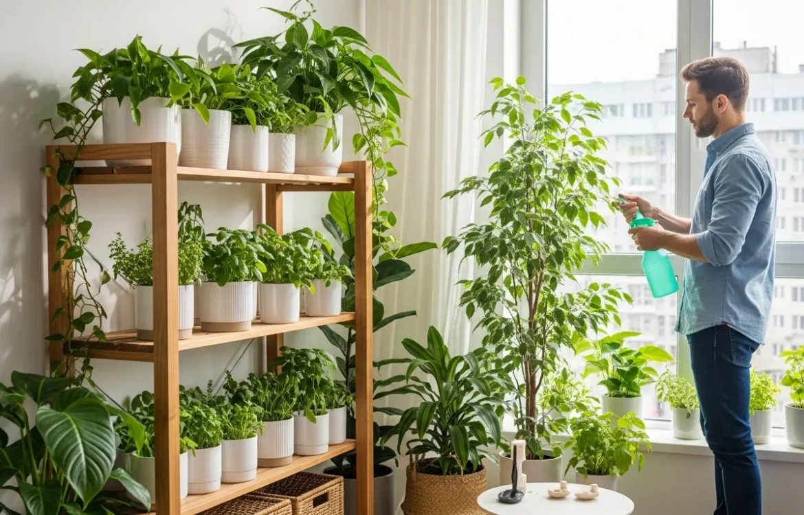 Lush potted herbs on a sunny windowsill reflecting indoor apartment gardening tips for beginners.