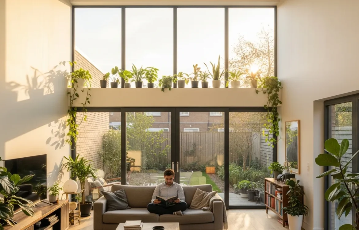 Brightly lit modern living room answering the question: is a garden level apartment dark with natural window light.