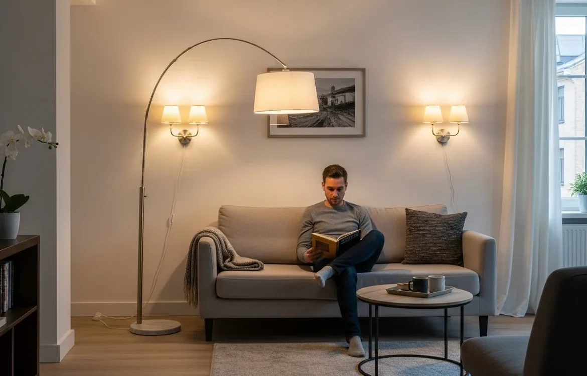 Effective lighting for apartments with no ceiling lights using stylish floor lamps and warm ambient LED strips.