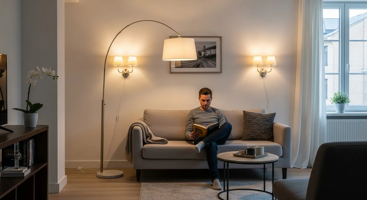 Effective lighting for apartments with no ceiling lights using stylish floor lamps and warm ambient LED strips.