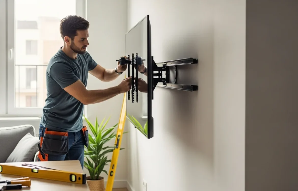 A man mounting a tv on the wall in an apartment using a bracket to ensure a secure and damage-free installation.