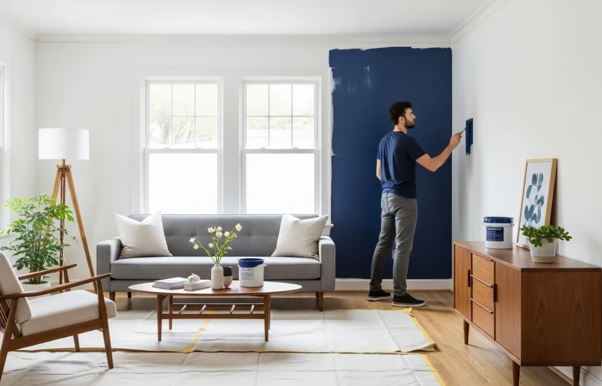 A man painting an apartment wall with a roller to refresh his modern living room decor.