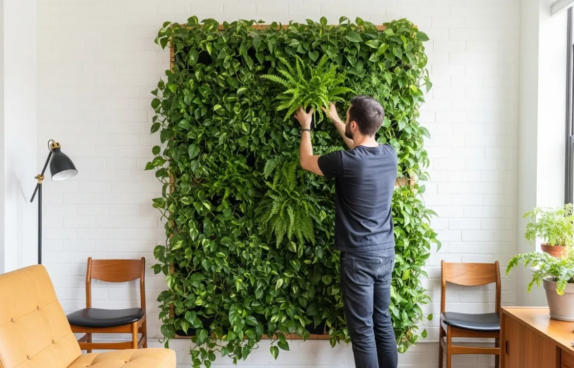 Vibrant indoor vertical garden and plant wall apartment feature in a compact modern studio.