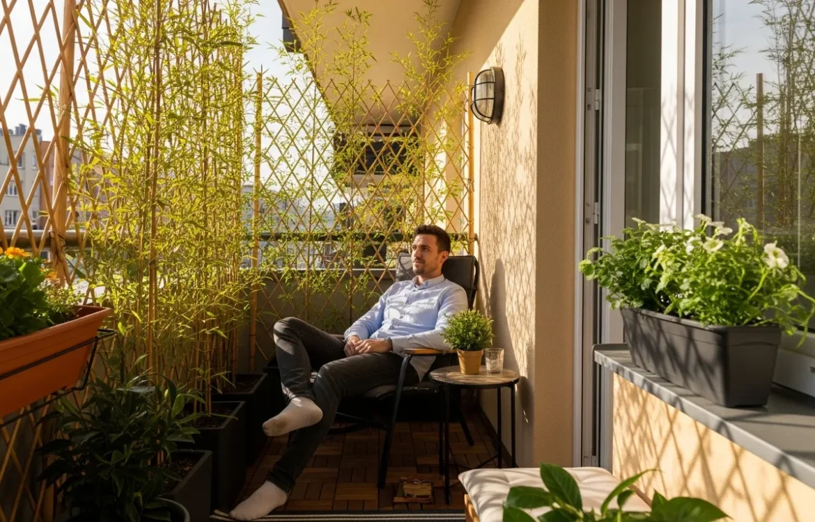 Functional privacy screen ideas for apartment balconies featuring a stylish bamboo partition and outdoor furniture.