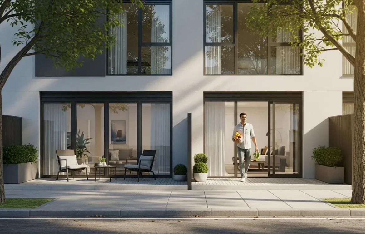 A man enters his apartment, illustrating the pros and cons of living on the ground floor for urban renters.