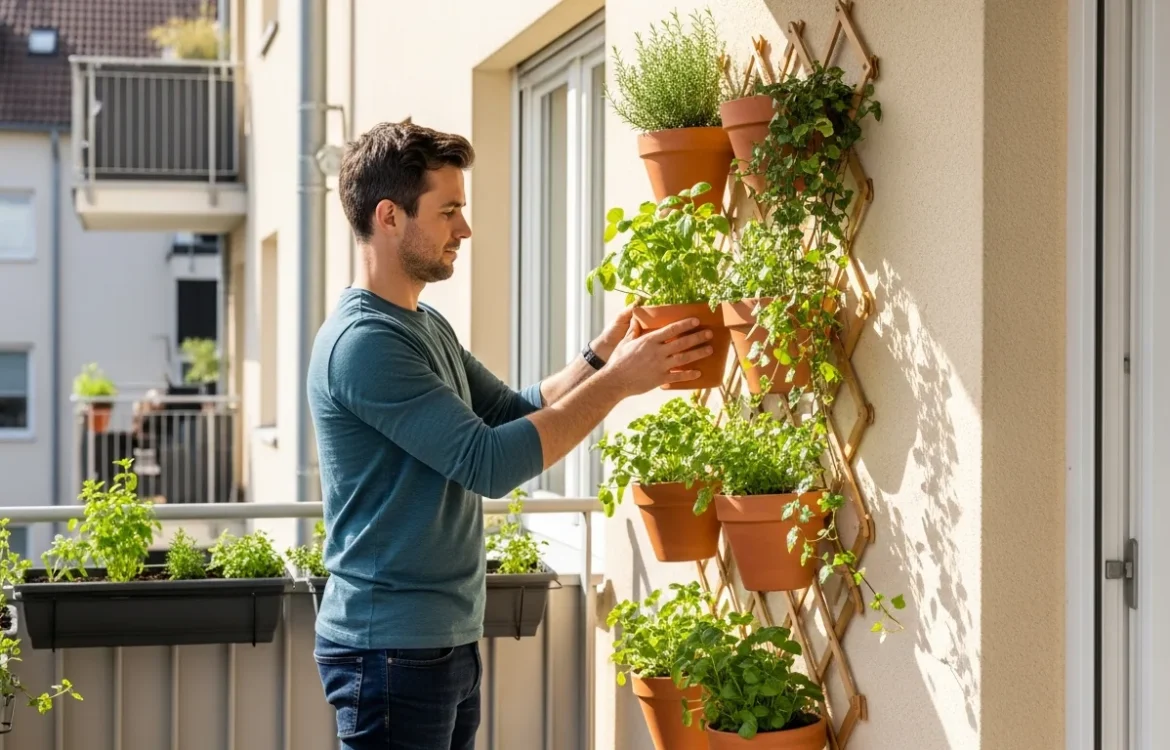 A man arranging plants on a lush renter friendly balcony garden wall setup using a freestanding wooden trellis.