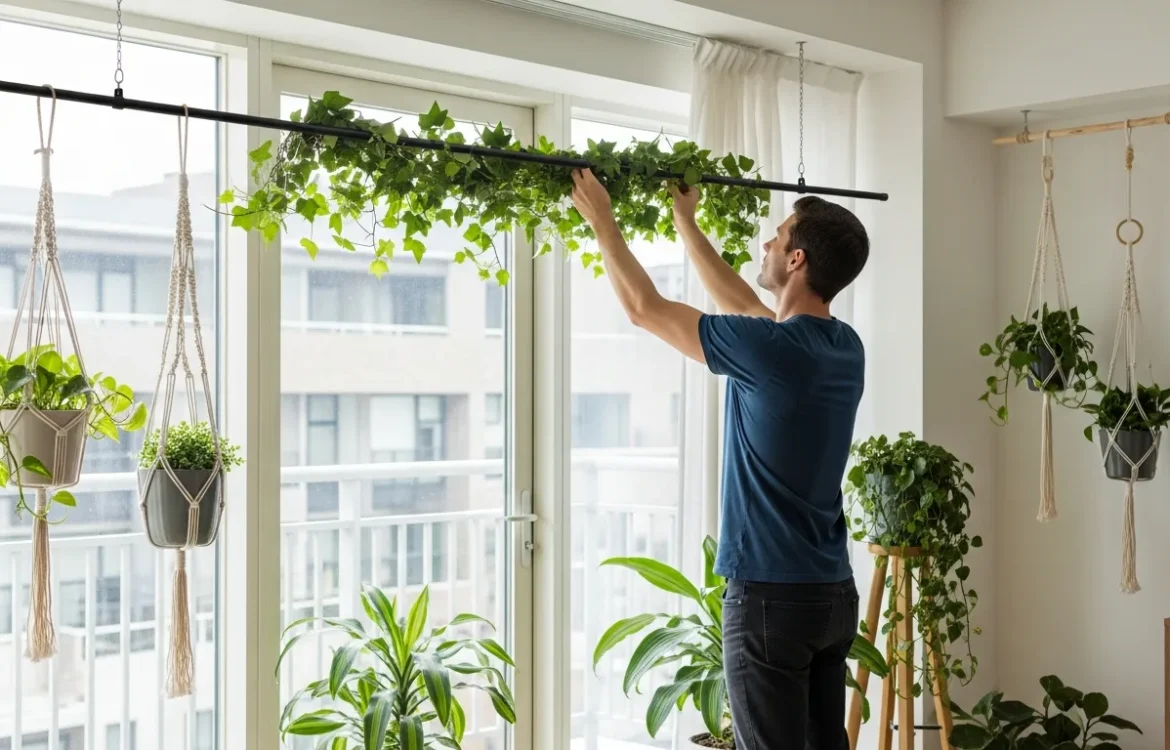 Innovative renter friendly hanging planters ideas using tension rods and damage-free hooks in a bright living room.
