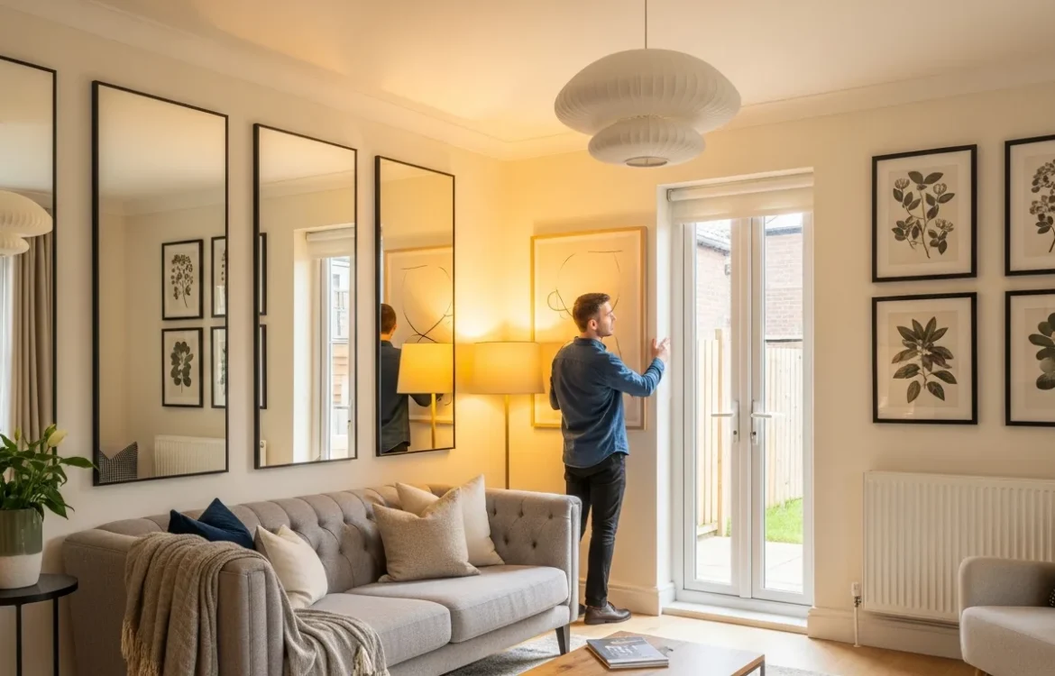 Renter friendly wall decor for garden level apartments featuring mirrors and light art to brighten a basement living space.