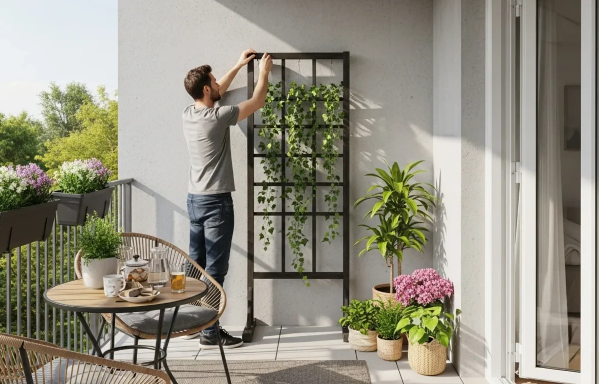 A man installing renter friendly ways to cover ugly patio walls using a freestanding trellis and lush green plants.
