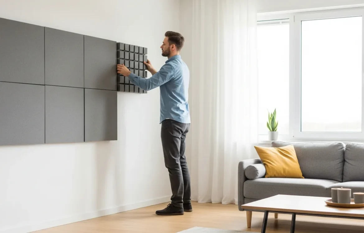 A man installing acoustic panels for effective sound insulation apartment walls in a modern home.