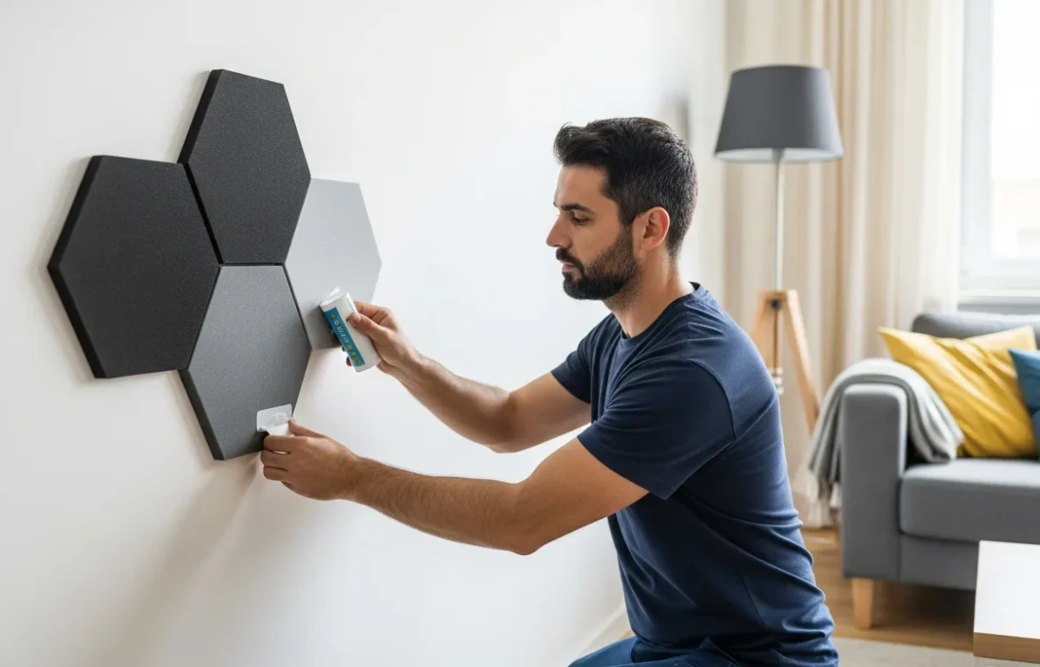 A man installing removable acoustic panels for soundproofing apartment walls to reduce noise without damage.