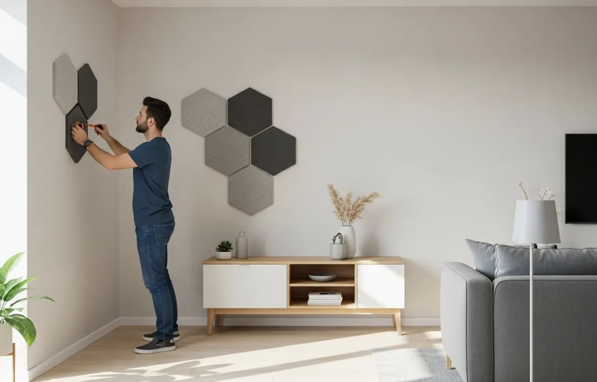 A man installing acoustic foam panels for soundproofing walls in an apartment to block out noisy neighbors.