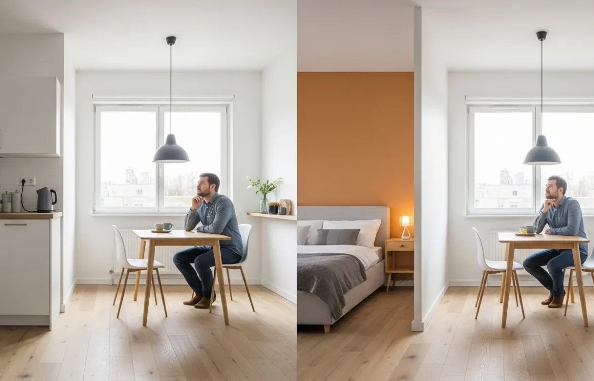 A split-view comparison of a modern studio apartment vs 1 bedroom layout showcasing different living spaces.