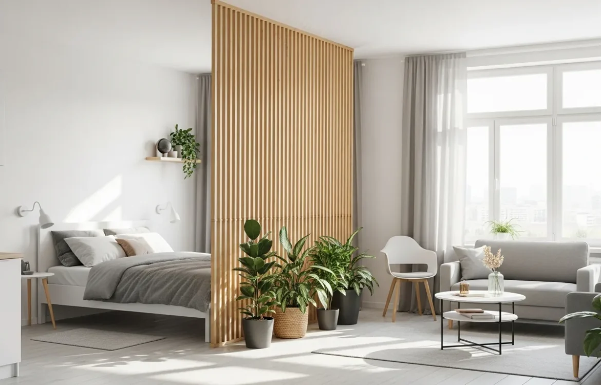 Modern studio apartment wall dividers separating a cozy living area from a bedroom to create a multi-room feel.