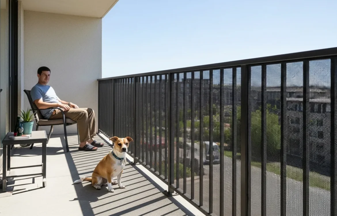 A small dog sits safely behind mesh temporary balcony railing covers for dogs on a modern apartment terrace.