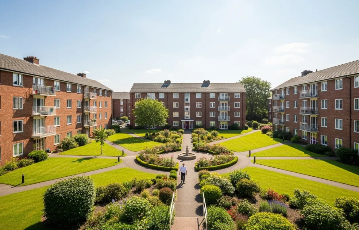 A courtyard view for understanding garden style apartment layouts with low-rise buildings and lush greenery.