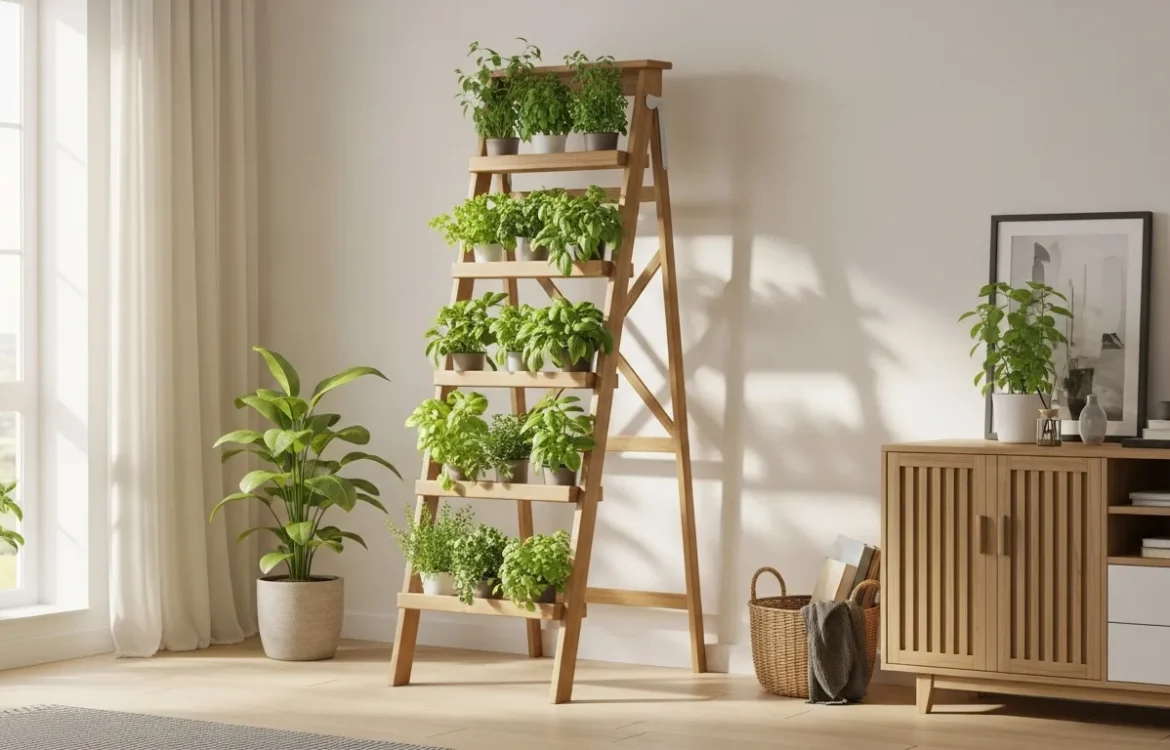 A lush vertical garden apartment setup featuring a free-standing wooden rack and terracotta pots in a sunlit room.