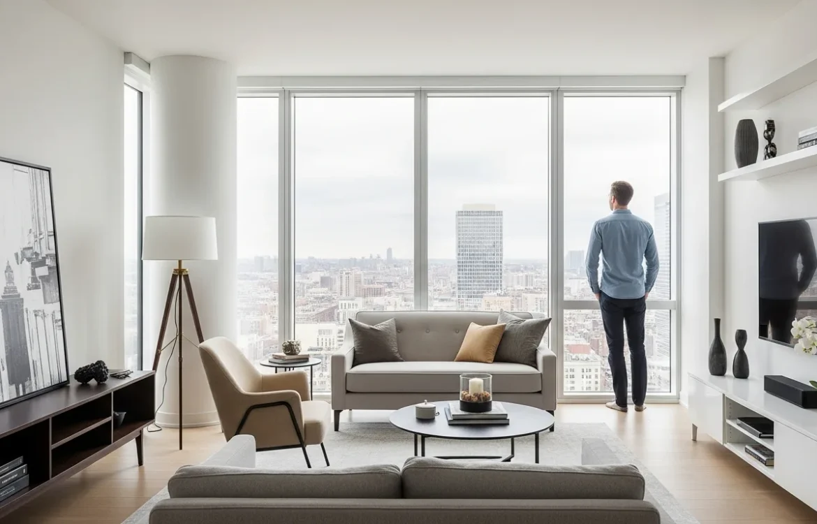 A modern living room interior at Wall and Grand apartments with large windows and contemporary furniture.
