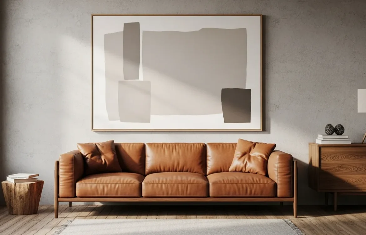 Modern minimalist wall art for guys apartment hanging above a leather sofa in an industrial style living room.