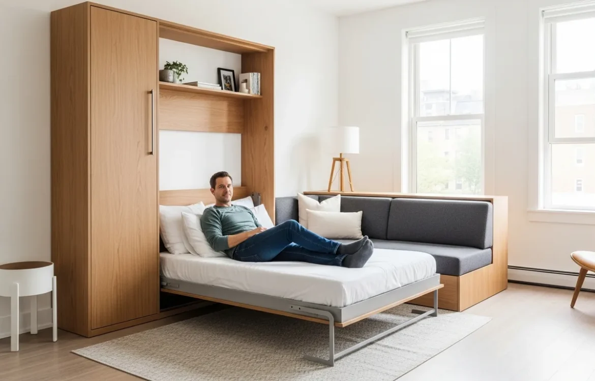 Modern wall bed for studio apartment optimization in a contemporary, space-saving small home interior.