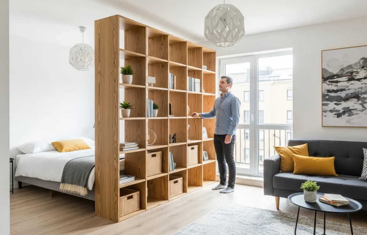 Modern storage wall for studio apartment layout designed to maximize living space and efficiency.