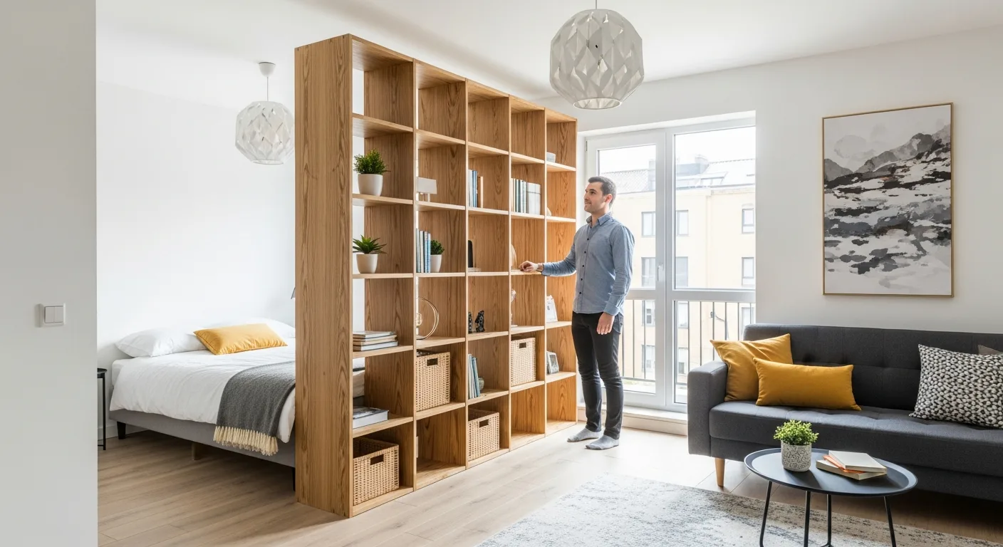 Modern storage wall for studio apartment layout designed to maximize living space and efficiency.